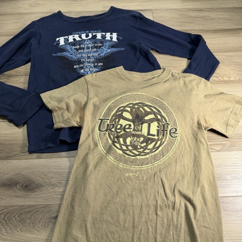 Lot of 2 Vintage 90s Christian Graphic T-Shirts Men Small Navy Tan Jesus Tee
